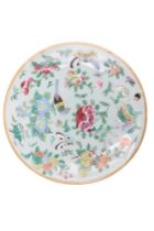 A Chinese / Canton famille rose enamelled celadon dish, seal mark to base, 19 cm diameter