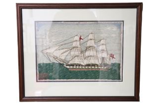 A 19th Century wool- and silk-work picture of a Royal Navy Man-o-War frigate, in later double card