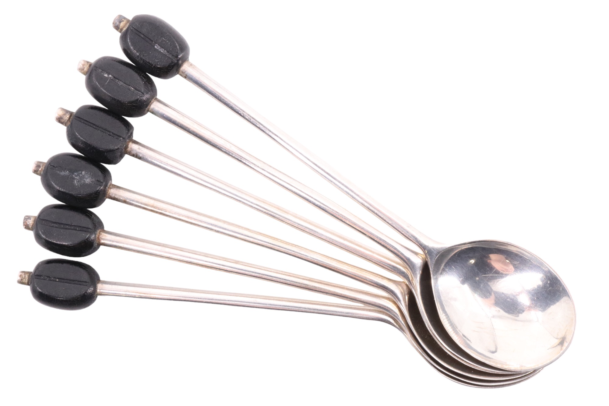 A cased set of six 1930s silver coffee spoons having bean terminals, Viner's Ltd (Emile Viner),