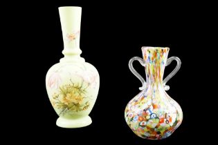 A Victorian glass vase, together with an 'end of day' two handled vase, largest 24 cm