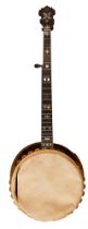 An early 20th Century John Grey & Sons banjo, having a brass bound resonator and mother of pearl