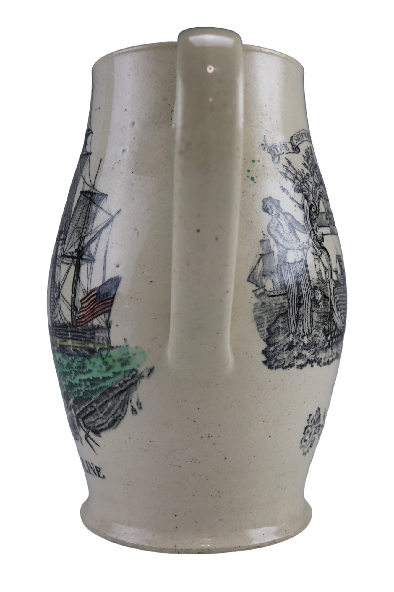 A large early 19th Century earthenware maritime jug, of baluster form having printed and over tinted - Image 4 of 5