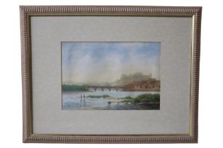 Isabel A King "Lancaster View", a misty view of Skerton bridge from the river shore with the