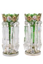 A pair of 19th Century Bohemian style glass lustres, the vases decorated with floral and portrait