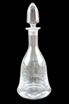 A vintage finely and naively floral etched glass decanter, 26.5 cm