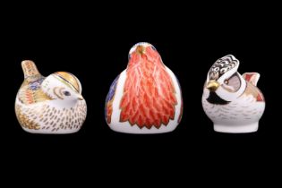 Three Royal Crown Derby bird paperweights comprising a 'Crested Tit', a 'Robin' and a 'Collector's