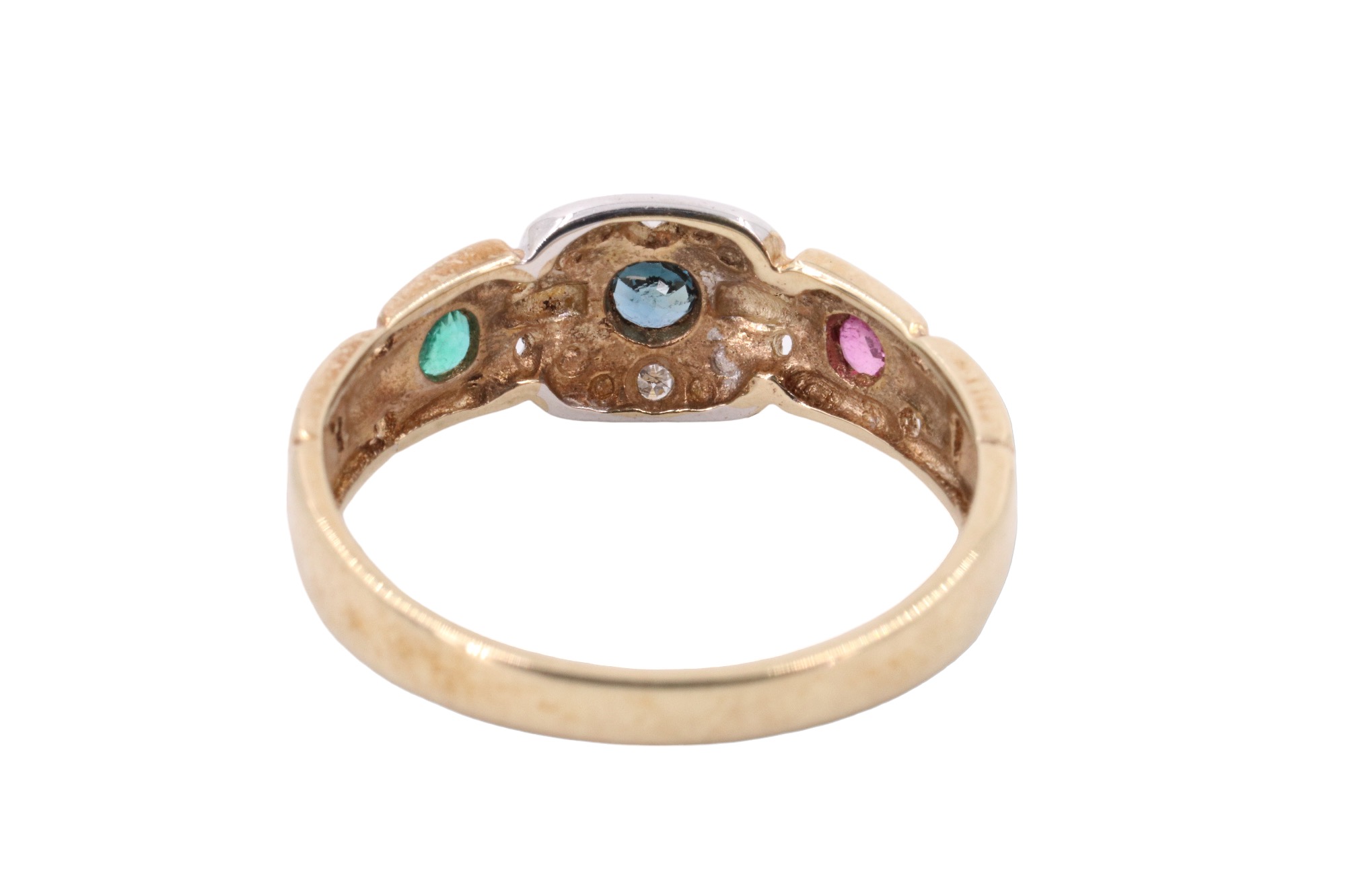 A three stone and diamond finger ring, having a bezel set sapphire between adorsed crescents each - Image 4 of 5