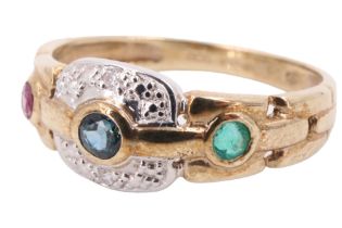 A three stone and diamond finger ring, having a bezel set sapphire between adorsed crescents each