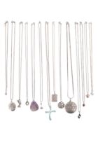 14 various silver and white metal pendant necklaces, 79.32 g gross