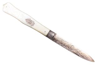 A Victorian silver pocket folding fruit knife, having engraved mother-of-pearl grip scales, one