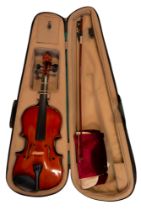 A cased student's violin and bow