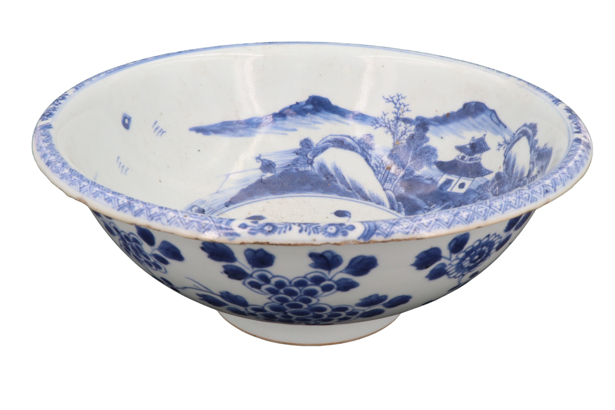 A late Quing Chinese blue-and-white porcelain bowl, circular with down-turned everted rim, decorated - Image 2 of 9