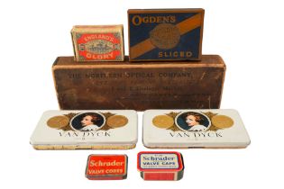 A quantity of vintage tins, including Ogden's Sliced Walnut Plug, Schrader Valves (and contents),