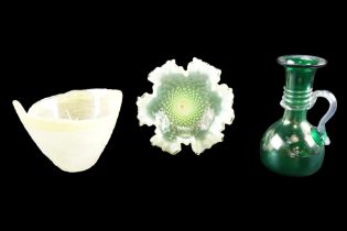 A yellow vaseline glass epergne flute together with a similar bowl and a free-blown green-glass