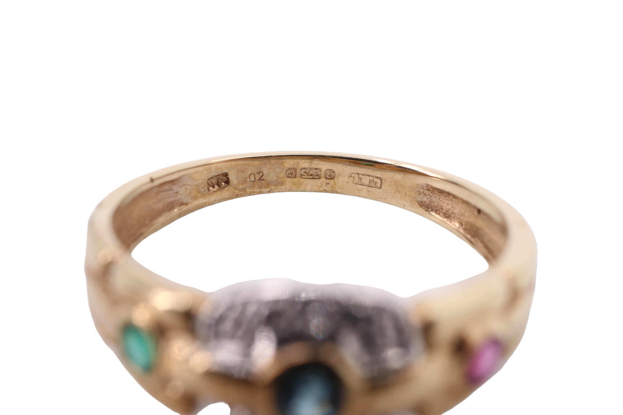 A three stone and diamond finger ring, having a bezel set sapphire between adorsed crescents each - Image 5 of 5