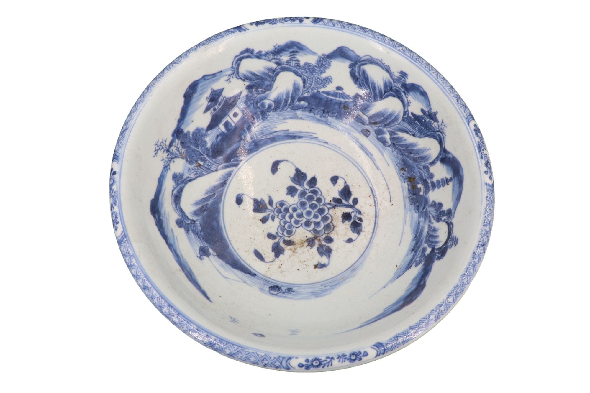 A late Quing Chinese blue-and-white porcelain bowl, circular with down-turned everted rim, decorated - Image 5 of 9