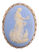 A Wedgwood Jasperware cameo brooch depicting the Greek goddess Hebe, in a 9 ct yellow metal mount,