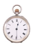 A continental .935 white-metal fob watch, having a crown-wound pin-set movement, white enamelled
