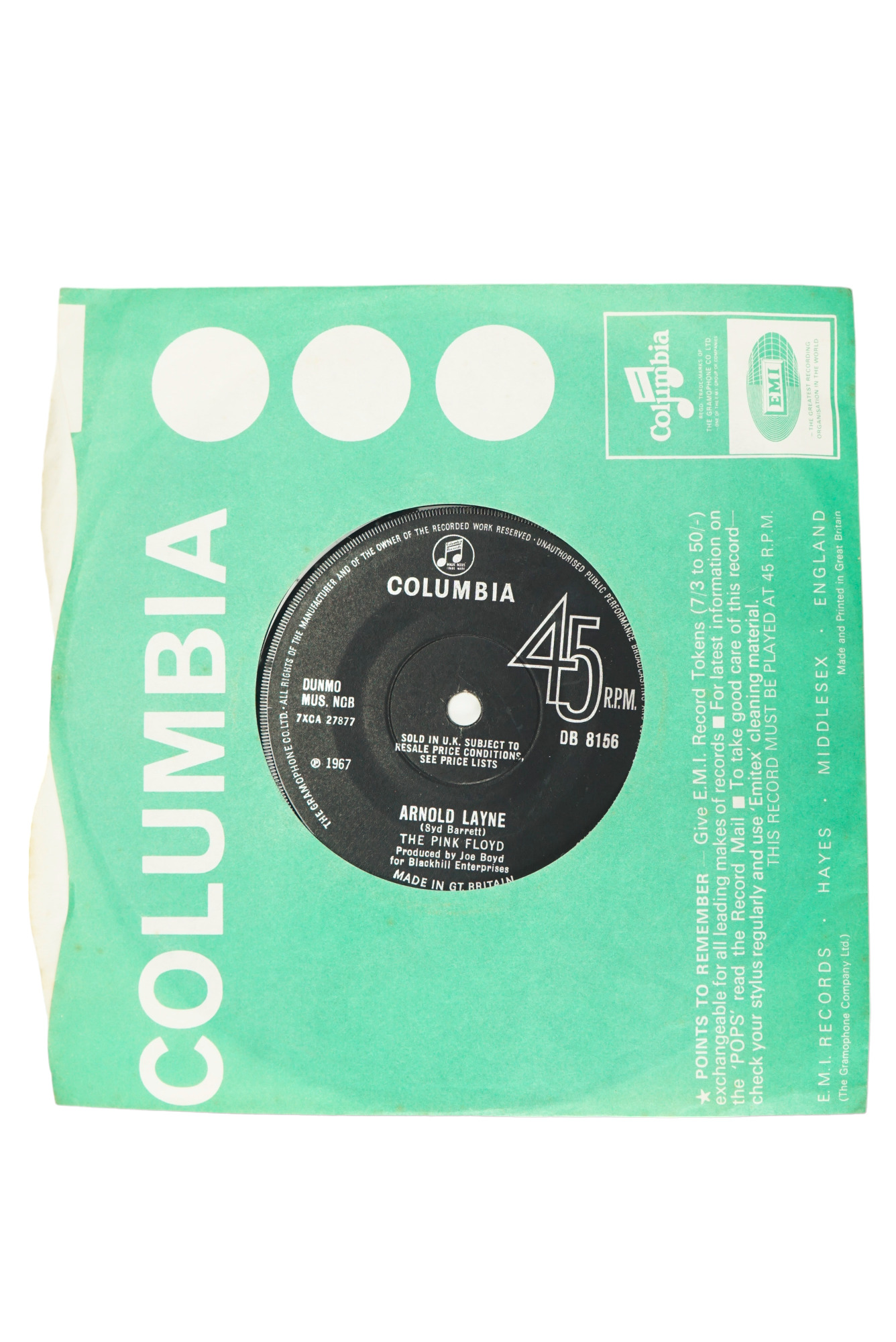 A vinyl record single by The Pink Floyd, 'Arnold Layne' / 'Candy and a Currant Bun', Columbia, 1967