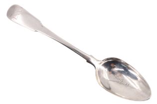 A Georgian Scottish silver fiddle pattern regimental table spoon, the terminal engraved 'LXX', and