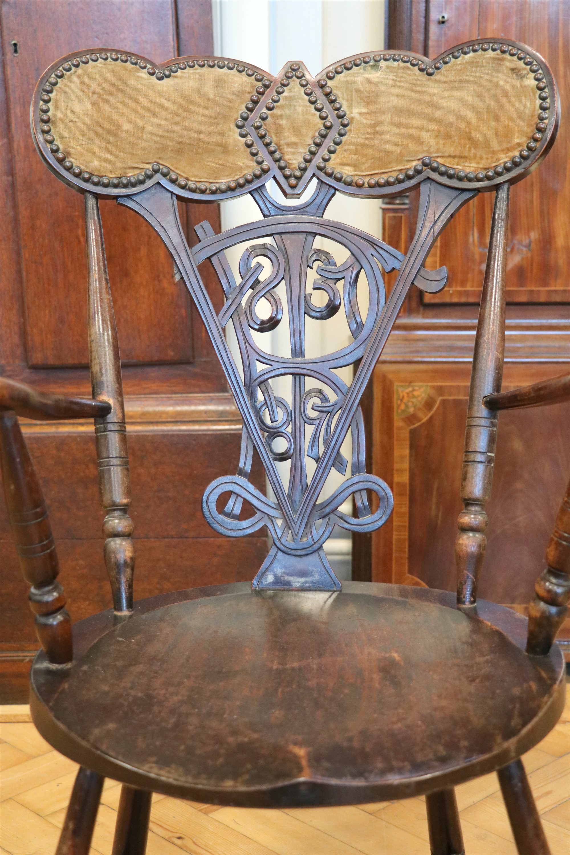 A Victorian golden Jubilee stud upholstered mahogany commemorative open armchair, the backsplat - Image 3 of 3