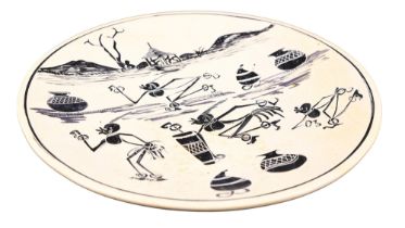 A mid-20th-Century African carved soft-stone shallow dish decorated in depiction of dancers, 25.5