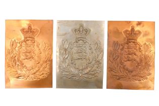 Three Duke of Lancaster's Yeomanry helmet plate stampings, 15 cm x 10.5 cm