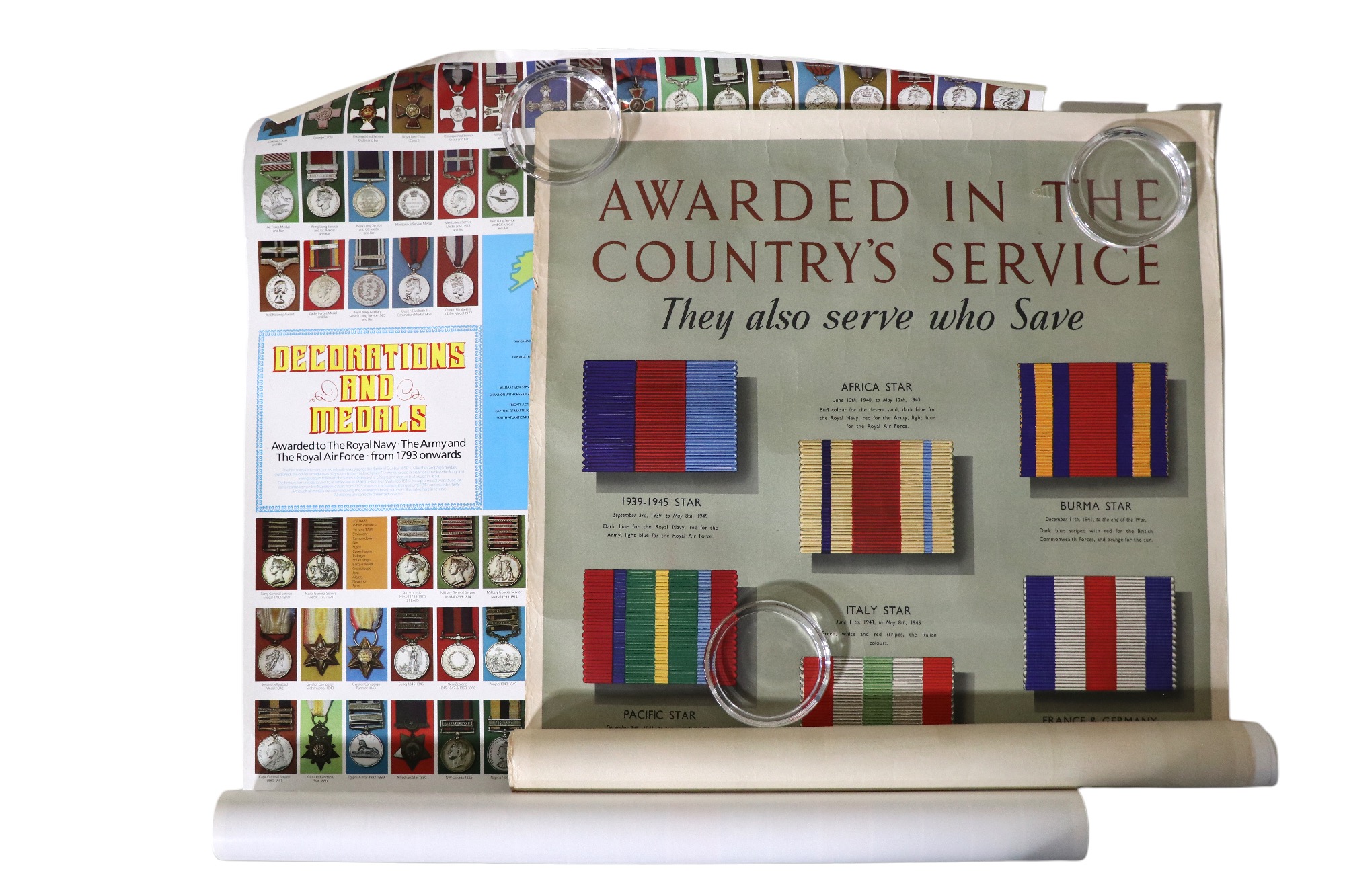 Nine military posters pertaining to badges, medals, campaign ribbons ...