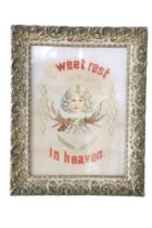 A Victorian mixed media religious text "Sweet Rest in Heaven" centred by a lithographic cherub