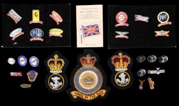 A group of lapel badges, buttons, etc, including F1 teams, railway unions (NUR & RMT), and military
