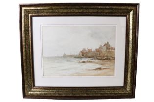 Joe Milne (1861-1911) A sepia-toned, atmospheric study of a Scottish coastal town, watercolour,