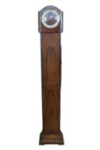 A 1930s walnut cased grandmother clock by Smiths, striking and chiming on gongs, 143 cm [running