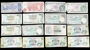A quantity of one pound banknotes, comprising a Linen Bank note dated 1969, eight Royal Bank of
