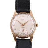 A 1950s Limit 9 ct gold wristwatch, having a crown-wound 15 jewel movement, Roman numerals to the