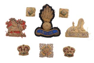 A small group of British army bullion-embroidered cap, collar and rank badges