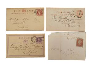 A Victorian 1d Red cover, dated 1854, together with three pre-paid Victorian postcards, one from