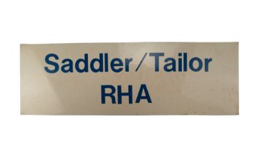 A British Army Royal Horse Artillery aluminium "Saddler/Tailor" sign, 61 x 20 cm