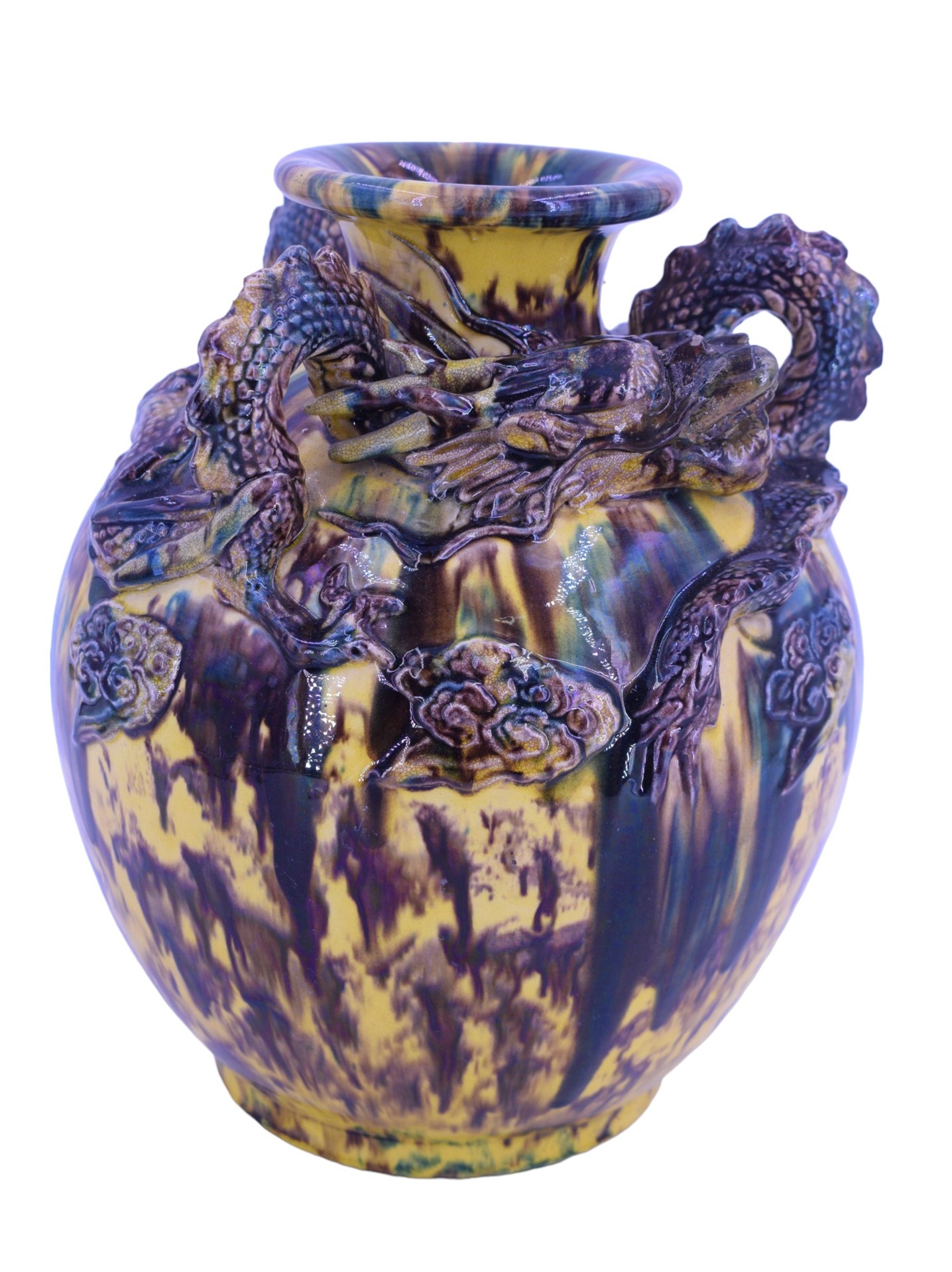 A Chinese Sancai glazed earthenware / stoneware dragon vase, of ovoid form with short flared neck, - Image 2 of 3