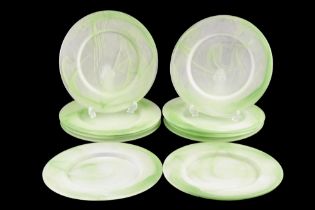 A set of ten large frosted green glass dishes, 32.5 cm diameter