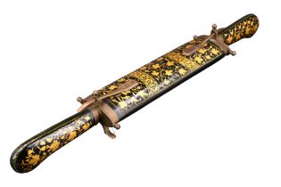 A mid 20th Century South Asian lacquered and gilt carving set, 45 cm, (one foot a/f)