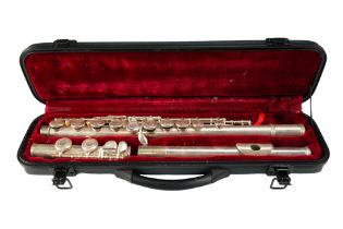 A cased Simba silver plated flute, 68 cm