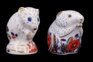 Two Royal Crown Derby mouse paperweights comprising 'Derby Dormouse' and 'Poppy Mouse', both being