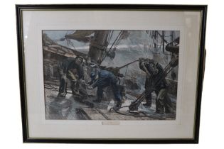 After W J Palmer "Short Handed", a frantic study of a crew aboard a ship in a storm, watercolour