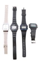 A Lorus stainless steel wristwatch together with three Casio digital watches, former 32 mm