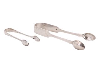 A pair of Victorian silver sugar tongs, the bow having engraved initials "AE", together with an