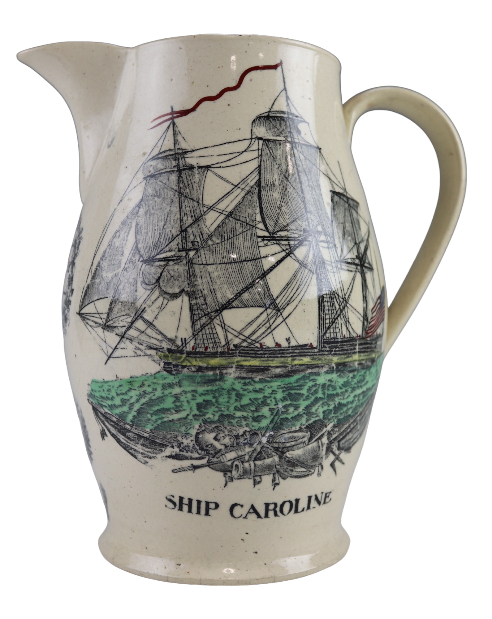 A large early 19th Century earthenware maritime jug, of baluster form having printed and over tinted - Image 3 of 5
