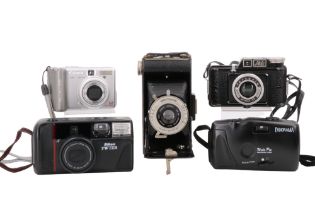 Four cased 35 mm film cameras comprising a Kodak Six-20 folding 'Brownie', Ferrania Ibis, Panorama