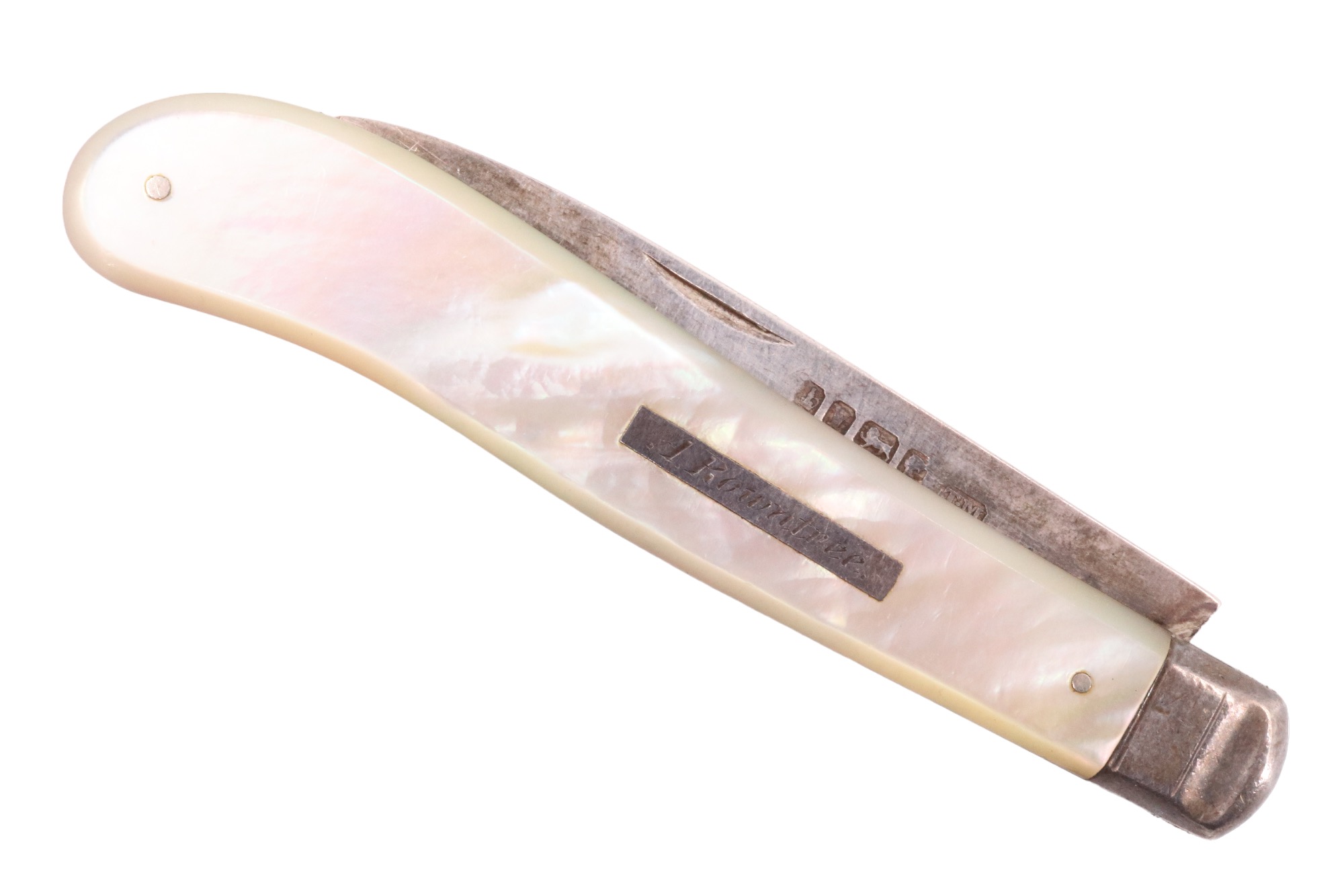 A Victorian mother-of-pearl handled silver folding fruit knife, Thomas Marples, Sheffield, 13.5 cm - Image 4 of 4