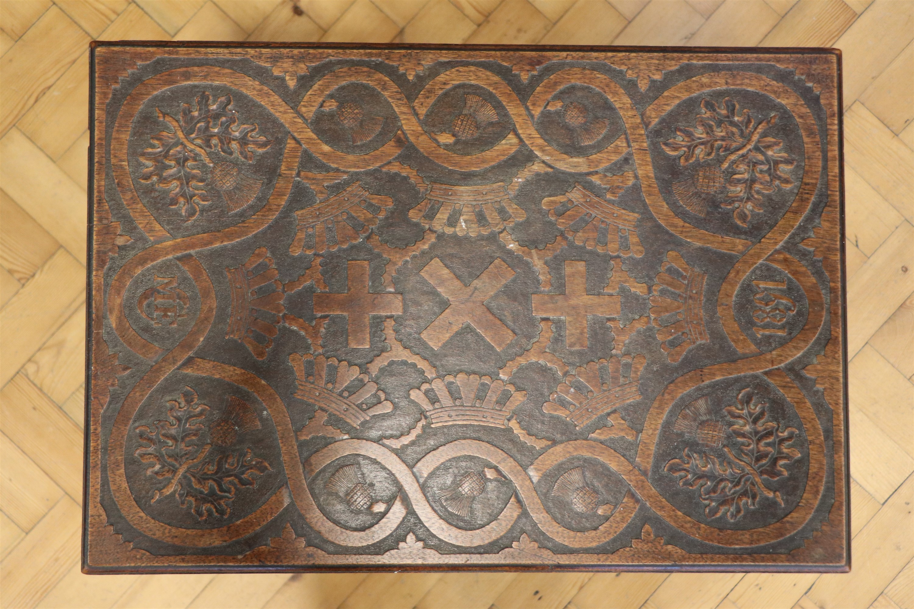 A Victorian Scottish carved mahogany occasional table, the carved top incorporating cross and - Image 2 of 3