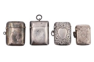 Two Victorian silver fob vesta cases together with two early 20th Century fob vestas, the two